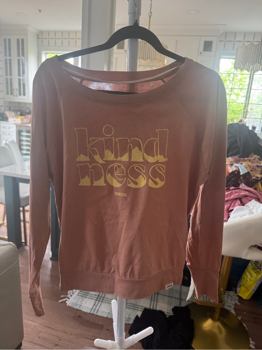 Prana Rose Pink Pullover with Yellow "kindness" Graphic